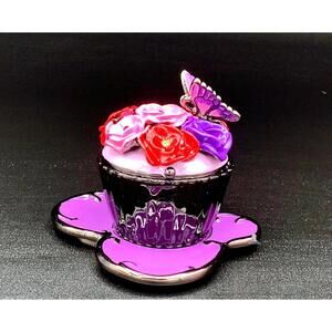 Purple Cupcake Trinket Box Floral Lid Butterfly Accent Hinged Keepsake